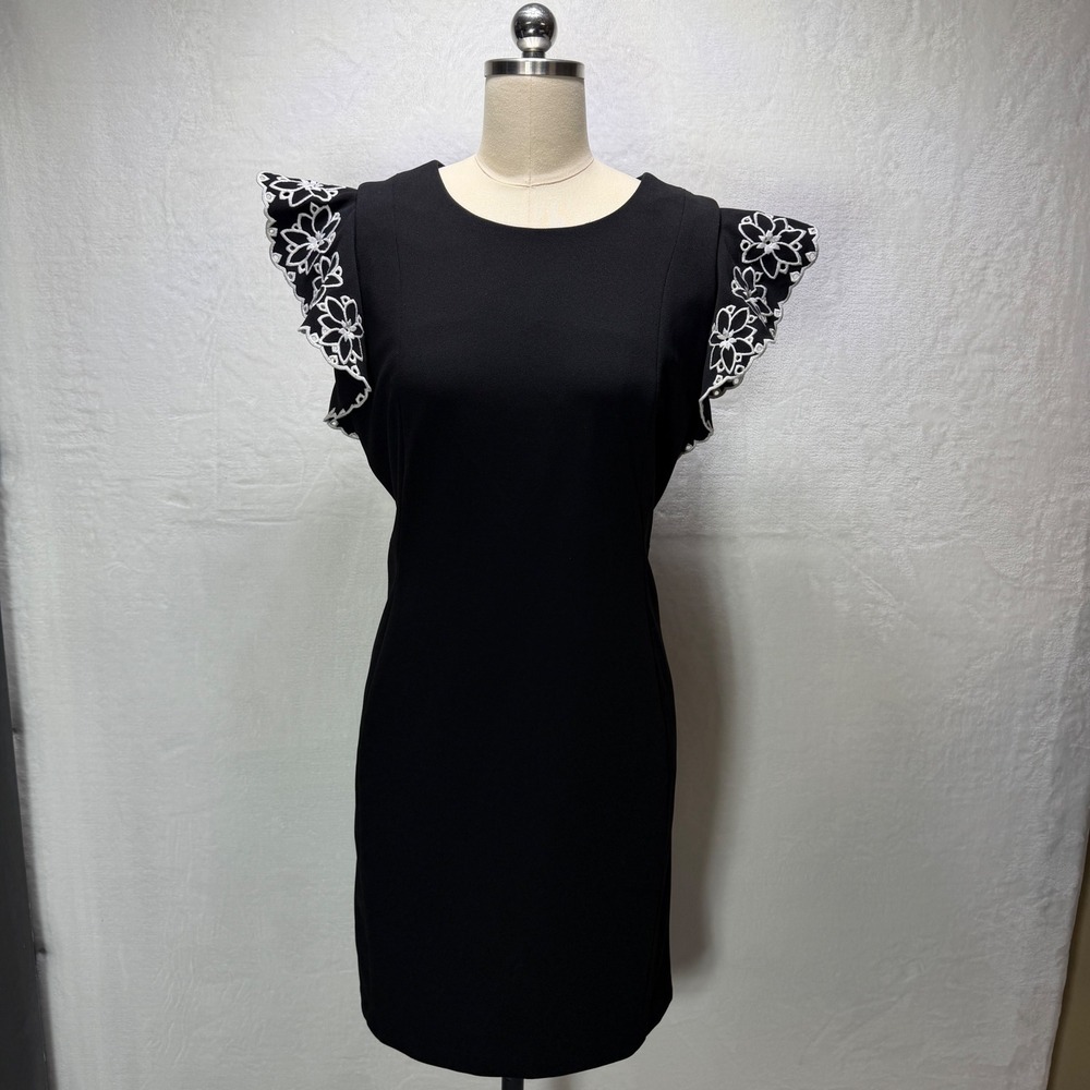 Tommy Hilfiger Black Sheath Dress Floral Embroidered Ruffle Sleeve Size 14